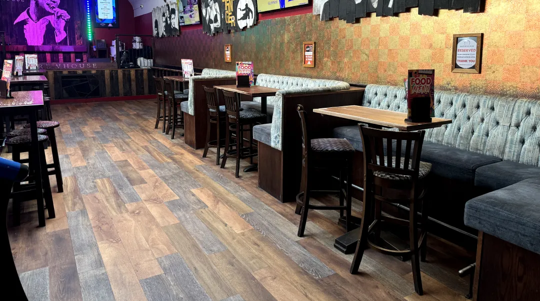 Flooring and seating area of Brewhouse Bar in Cardiff